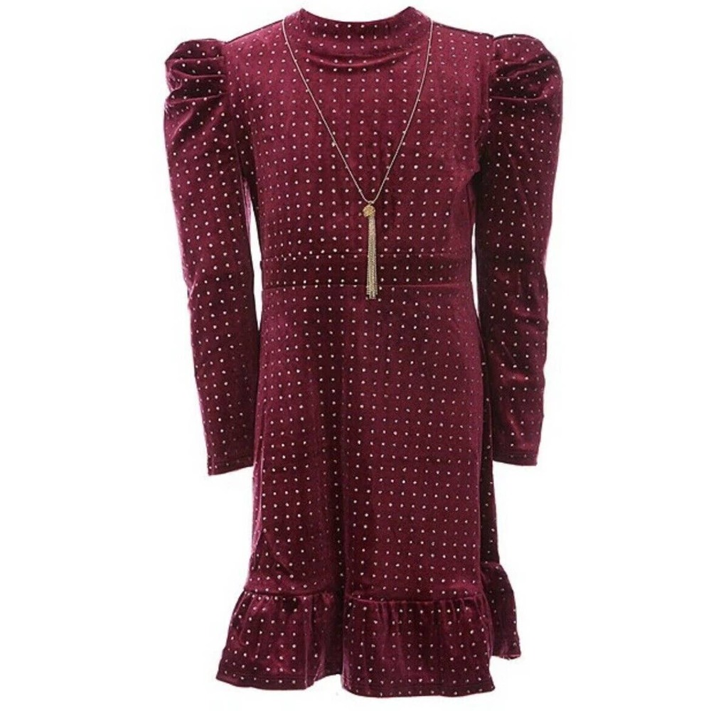 Emerald Sundae Burgundy Velvet Puff Sleeve Dress‎ 8 New